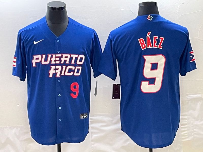Men 2023 World Cub Puerto Rico 9 Baez Blue Nike MLB Jersey5